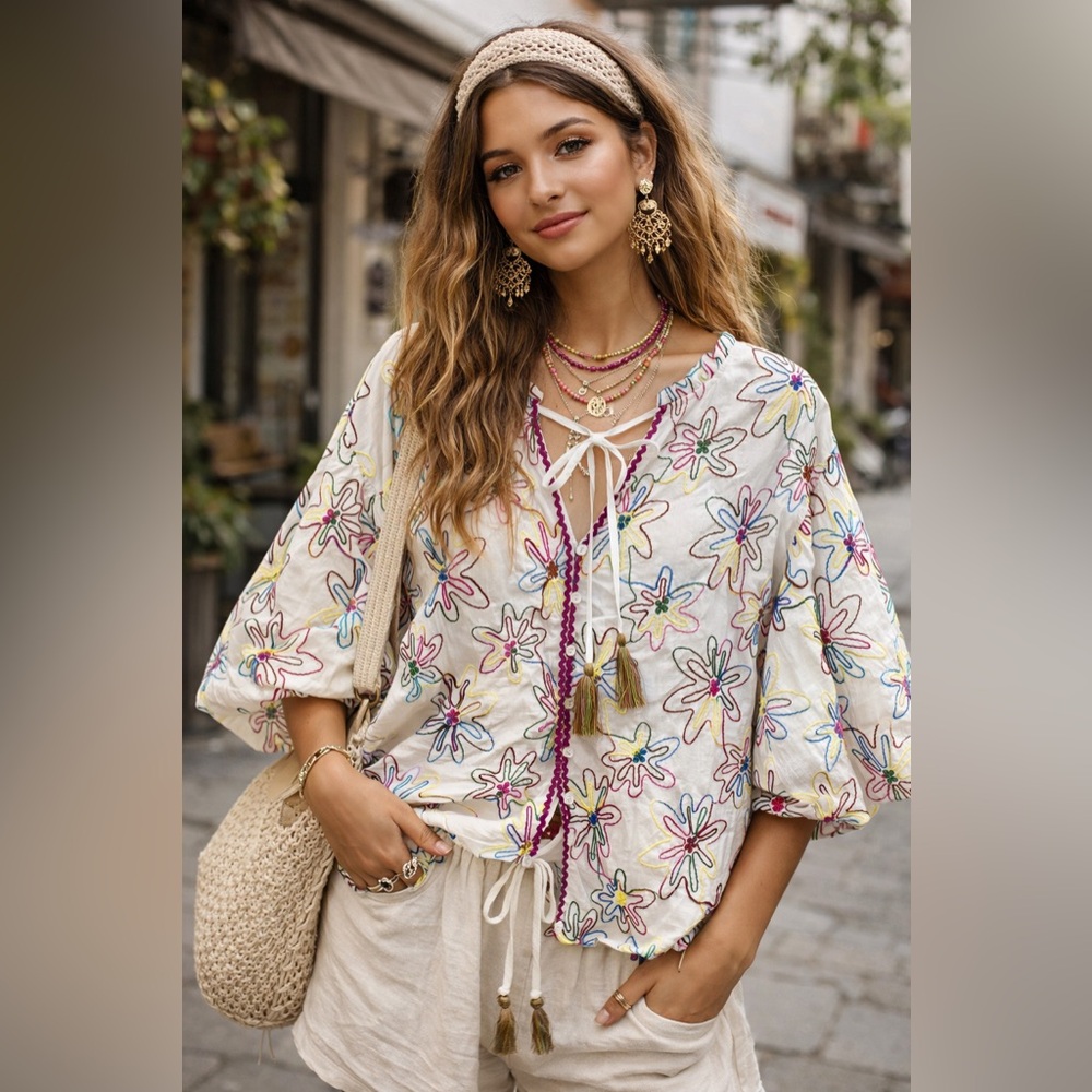 R2 Balloon Sleeve Multicolor Floral Embroidered Blouse Cottagecore